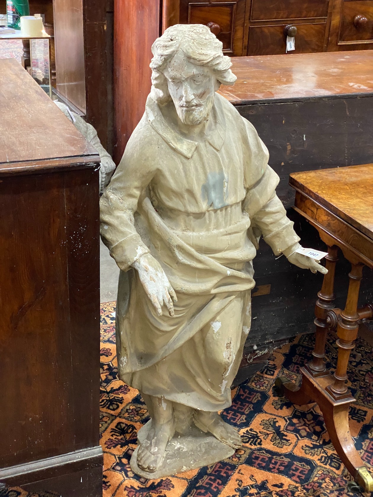 A 19th century carved painted wood figure of an apostle, height 114cm